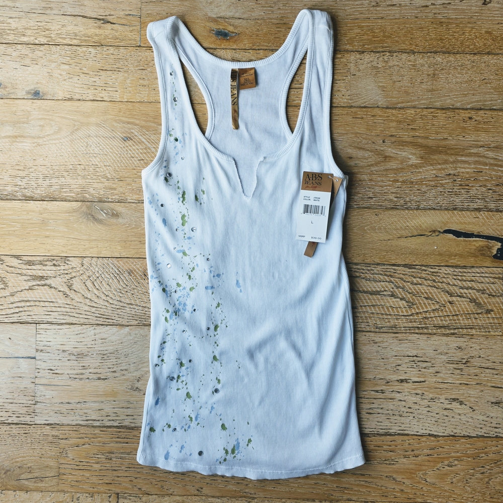 Vintage ABS Allen Schwartz White Rhinestone Embellished Ribbed Stretchy Tank Top